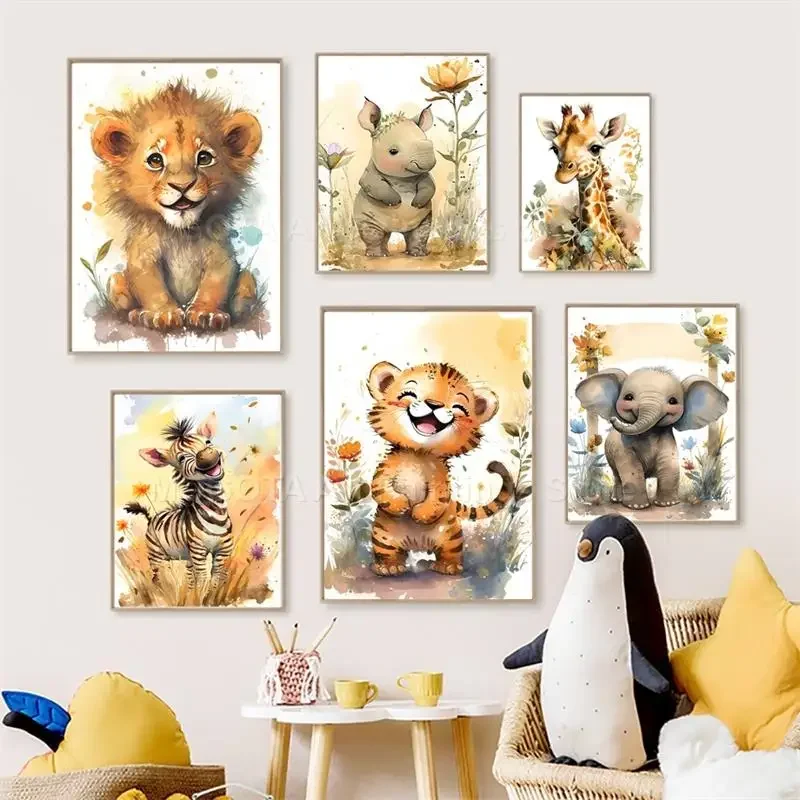 Baby Nursery Paintings - المائية الأسد الزرافة النمر الفيل زيبرا