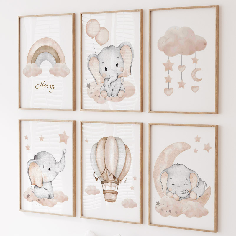 Baby Nursery Paintings - لطيف الفيل الساخن بالون القمر قوس
