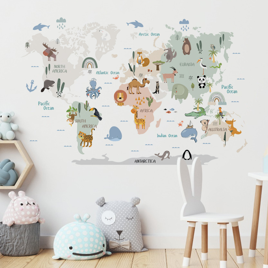 Baby Nursery Girl Room - الألوان المائية الكرتون خريطة العالم ملصقات