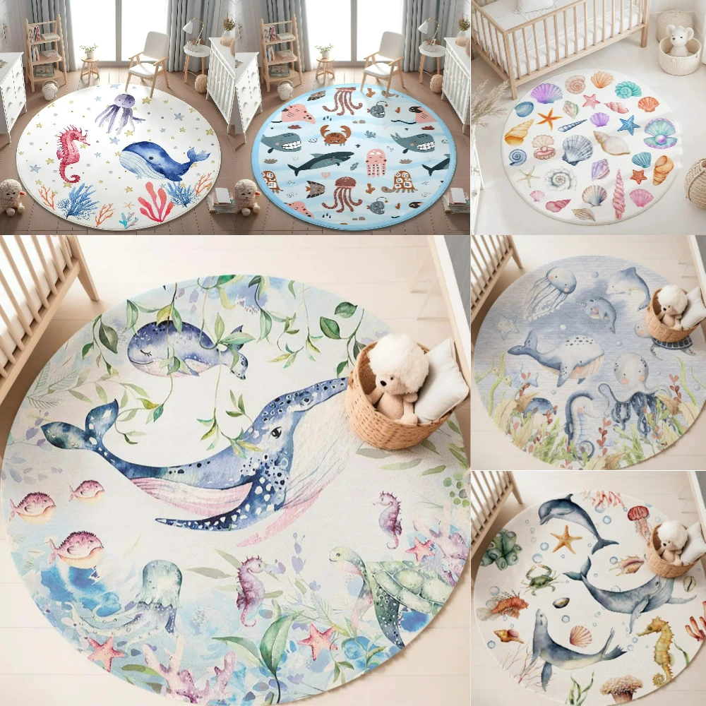 Baby Nursery Mat - سجادة مستديرة بتصميم حيوانات بحرية زرقاء
